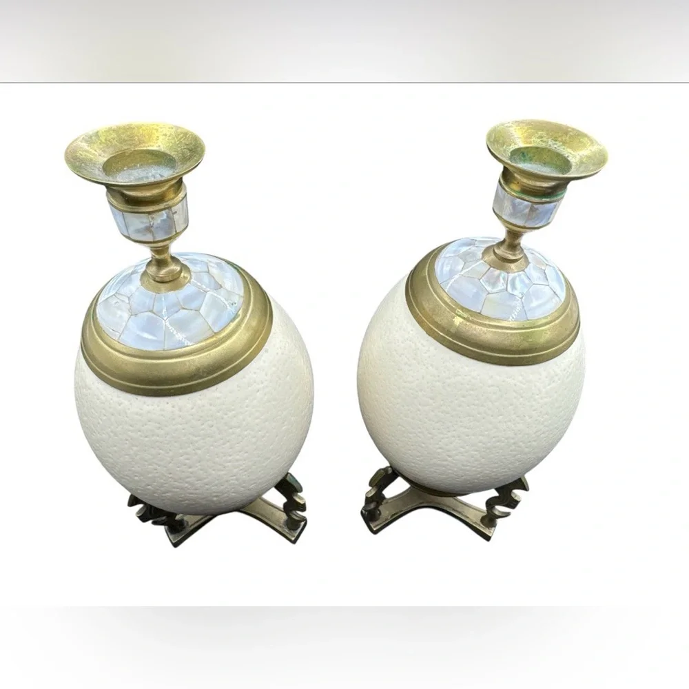 Vintage 1970s Pair Ostrich Egg Candle Holders Style of J Antony Redmile 11”